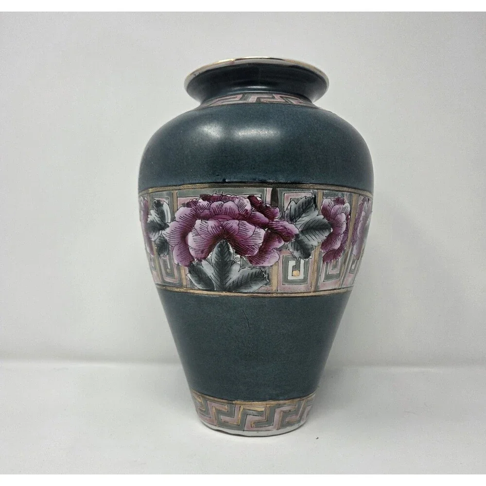 Vintage Japanese Style Porcelain‎ Vase Green Cloisonne Look Pink Floral 10